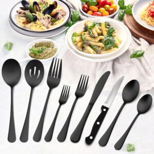 LIANYU 77-Piece Matte Black Silverware Set with Steak Knives and Serving Utensils, Modern Stainless Steel Flatware Cutlery Set for 12, Fancy Eating Utensils Tableware, Dishwasher Safe