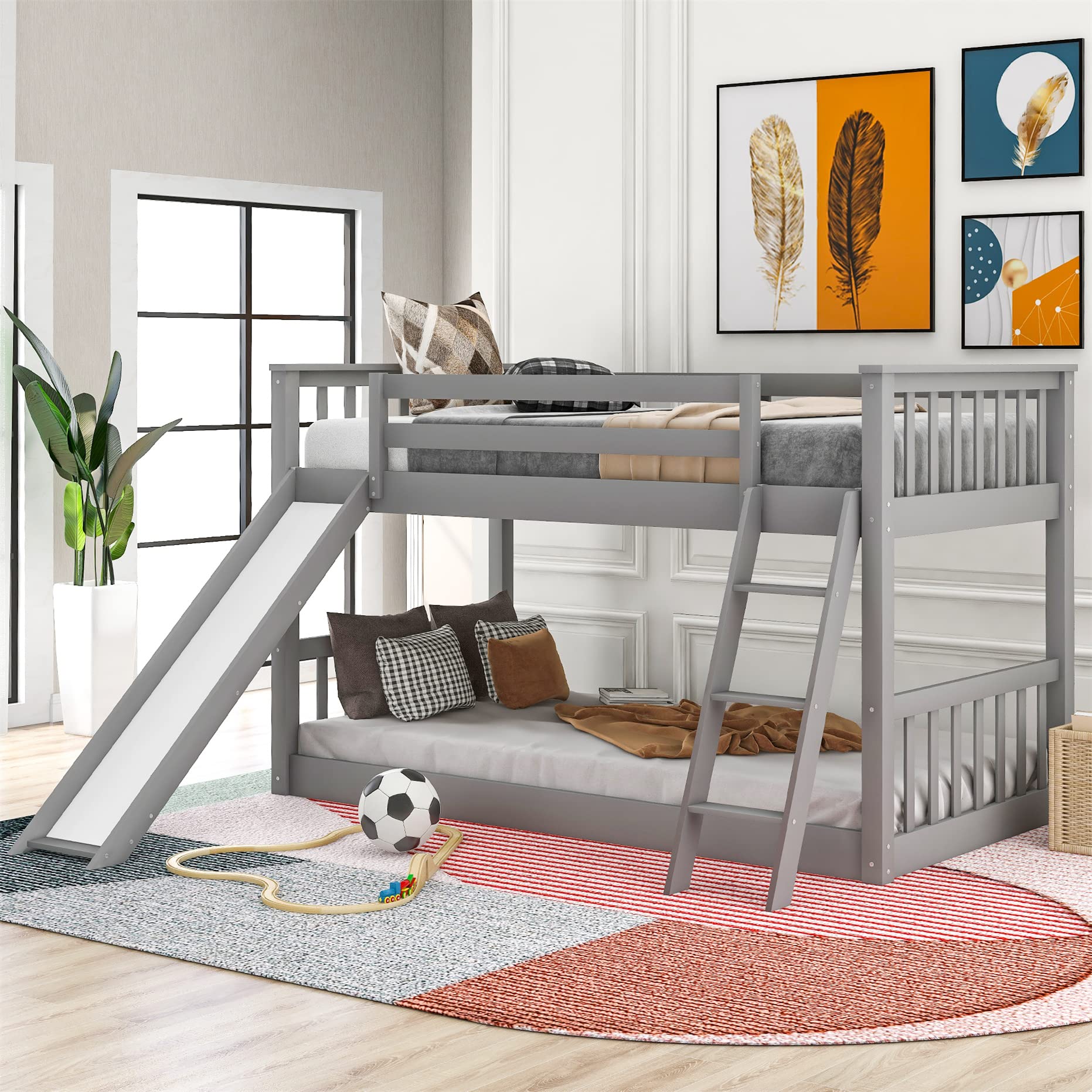 Harper & Bright Designs Low Bunk Bed for Kids, Solid Wood Twin Over Twin Floor Bunk Bed with Slide and Angle Ladders, Twin Bunk Bed for Kids Toddlers Teens (New, Gray)