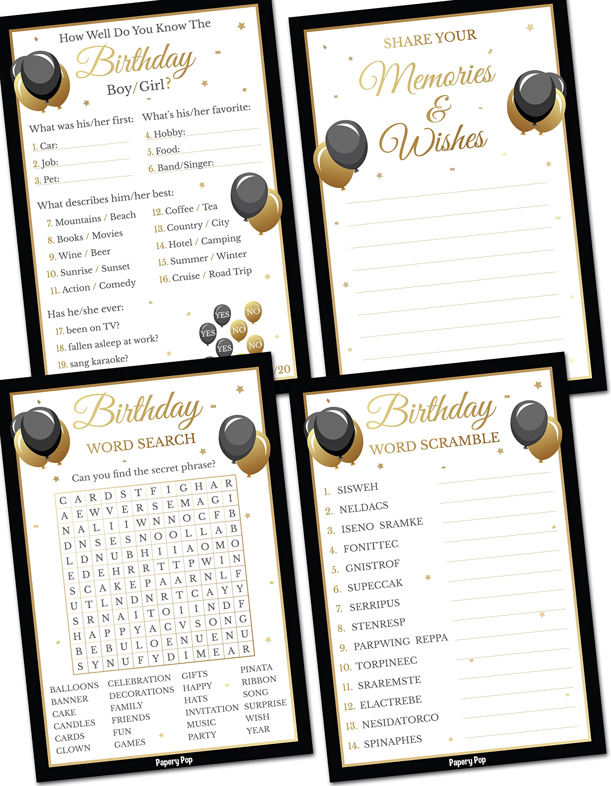 Birthday Party Games - Set of 4 Games for 30 Guests - Double Sided Cards - Birthday Party Supplies for Adults