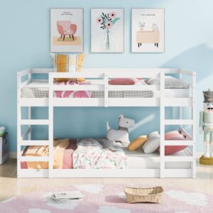 harper & bright designs kids low bunk bed, wood twin over twin floor bunk bed frame with ladder, safety guardrail, twin size floor bunk bed, no box spring needed, white