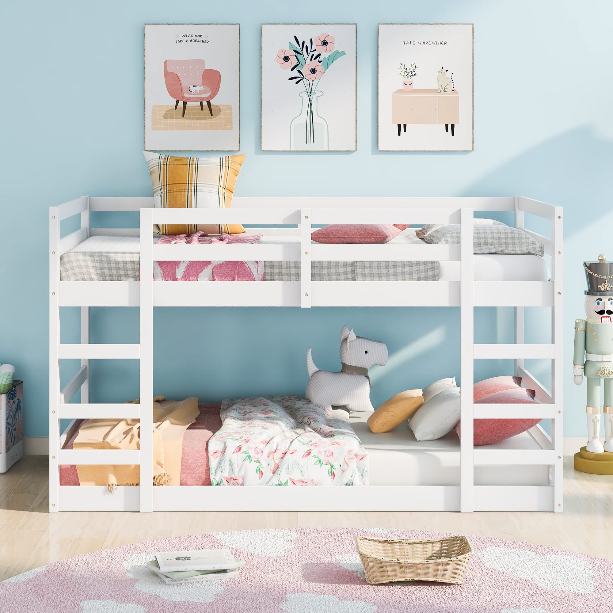 Harper & Bright Designs Kids Low Bunk Bed, Wood Twin Over Twin Floor Bunk Bed Frame with Ladder, Safety Guardrail, Twin Size Floor Bunk Bed, No Box Spring Needed, White