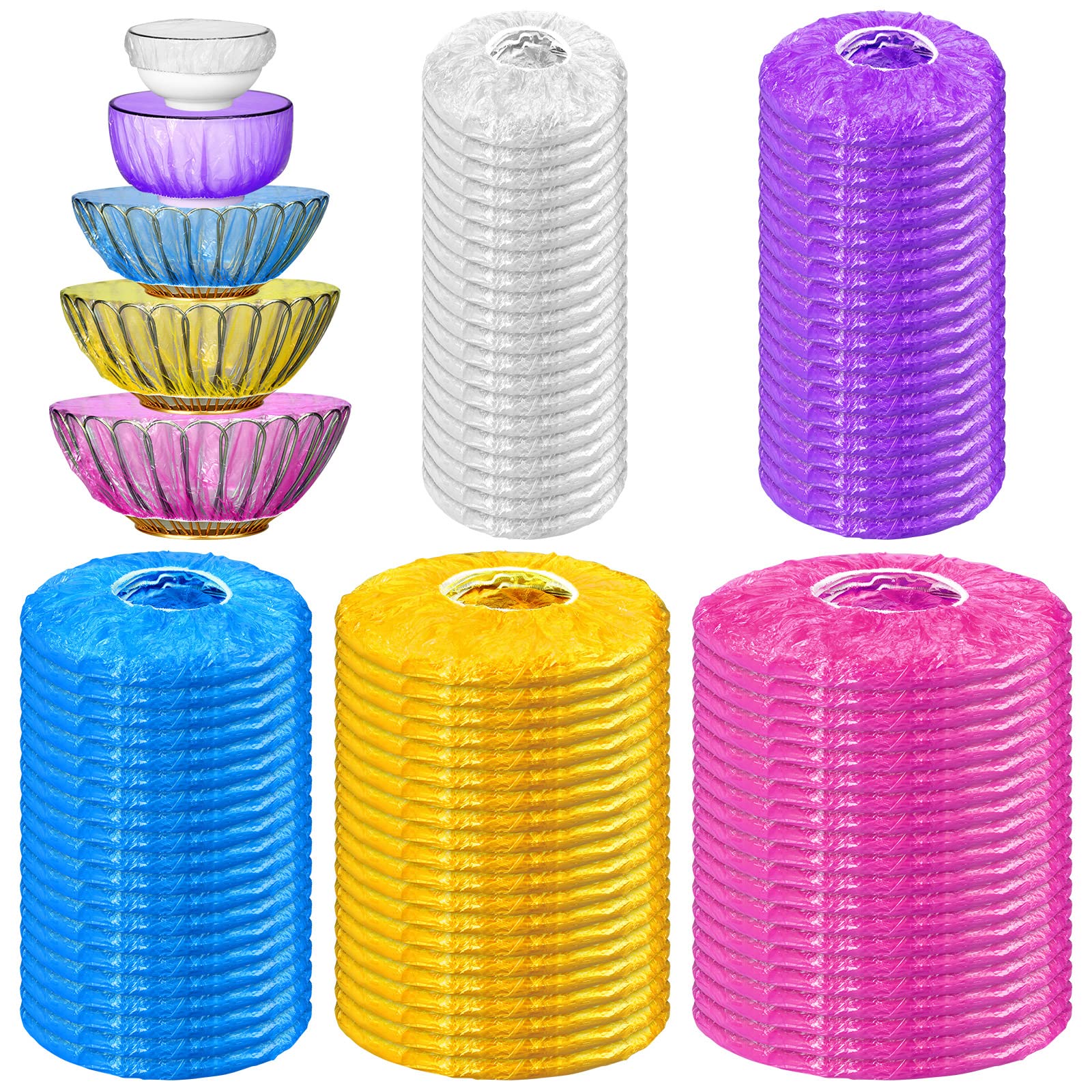 200 Pcs 5 Size Plastic Bowl Covers with Elastic Bulk Reusable Bowl Covers Disposable Food Covers Storage Cover Plastic Wrap for Leftovers Family Outdoor Picnic (White, Purple, Blue, Yellow, Pink)