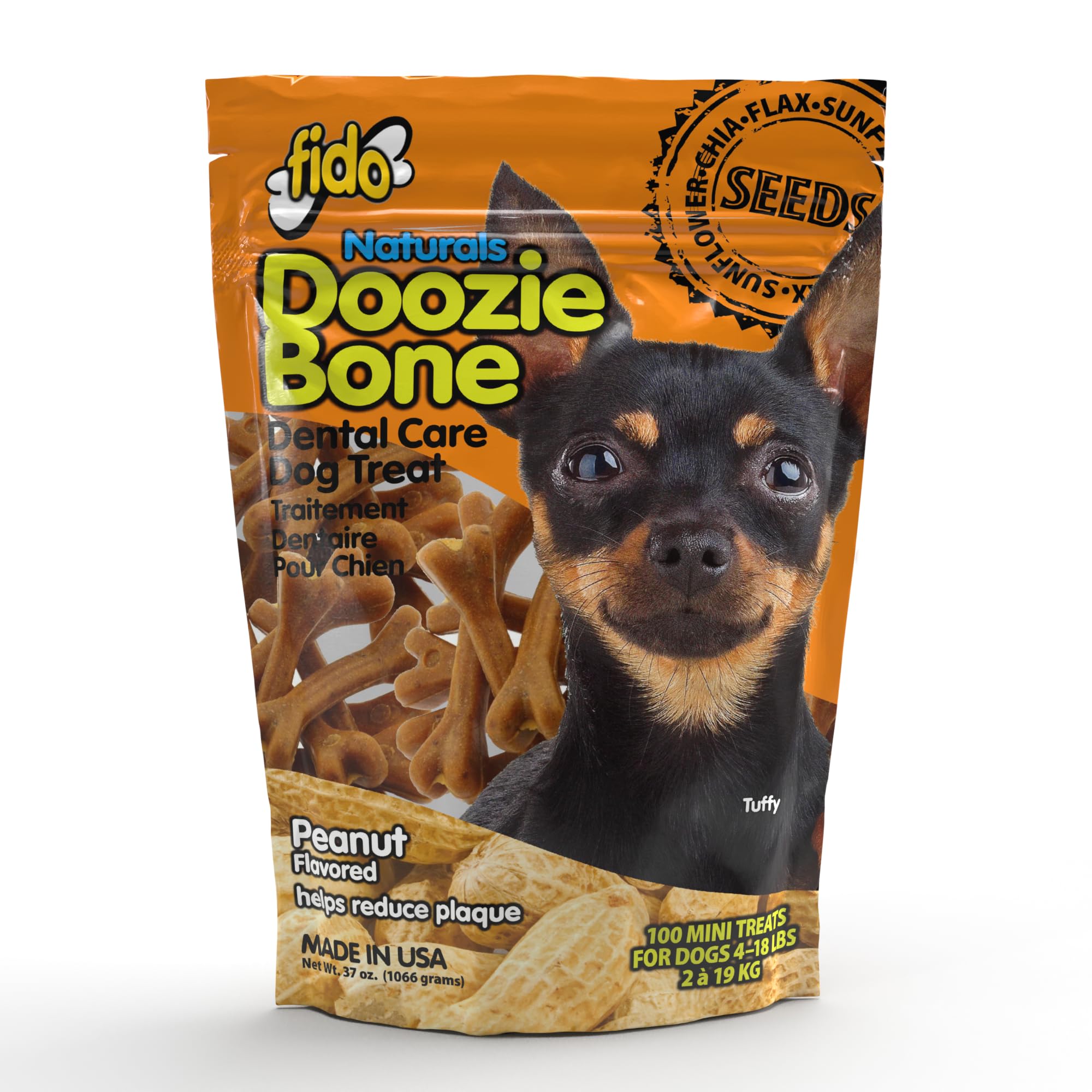 Fido Bones for Dogs, Dental Chews - 100 Delicious Mini Treats, Made in The USA - Mini Dog Dental Chews to Support Your Dog’s Health (Doozie Bone Peanut Flavor)