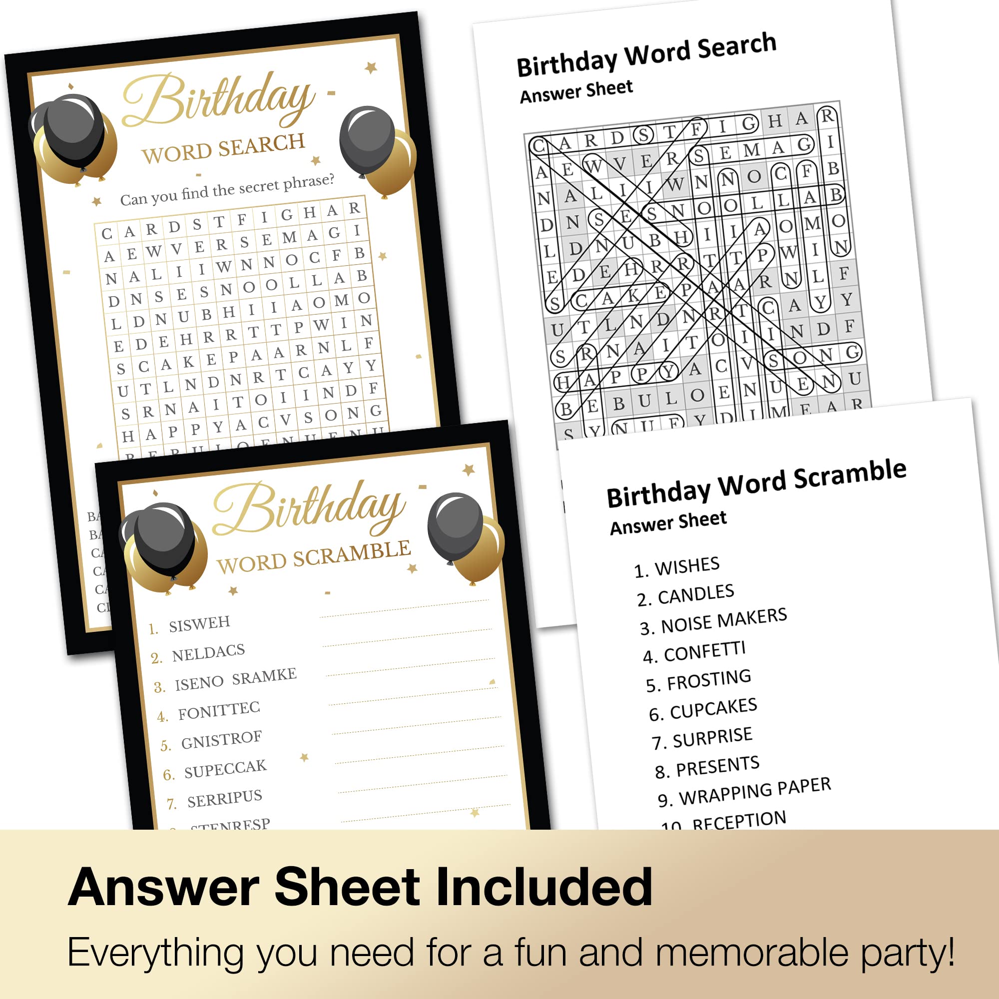 Birthday Party Games - Set of 4 Games for 30 Guests - Double Sided Cards - Birthday Party Supplies for Adults