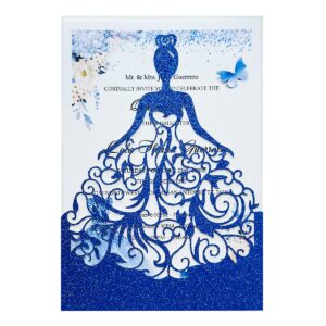 kuchynee 5.12 x7.28 inch 20pcs royal blue glitter quinceanera invitations kit laser cut hollow girl princess pocket with envelopes quinceanera invitations for quinceanera bridal shower invite