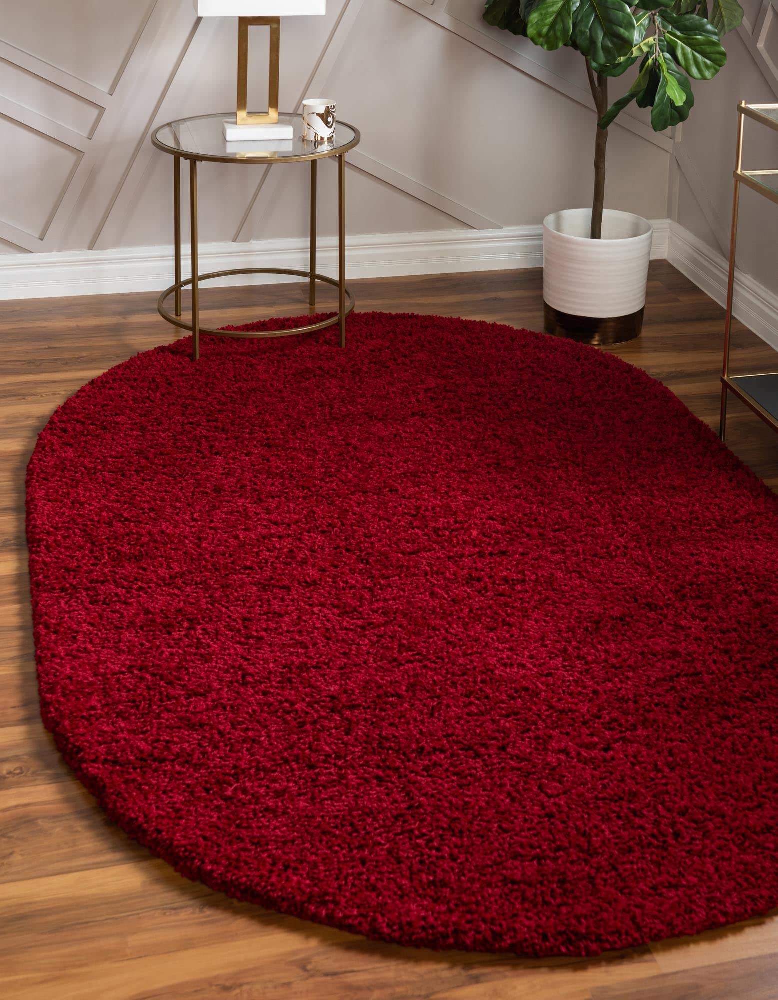 Rugs.com - Über Cozy Solid Shag Collection Rug – 3' x 5' Oval Cherry Red Shag Rug Perfect for Living Rooms, Large Dining Rooms, Open Floorplans