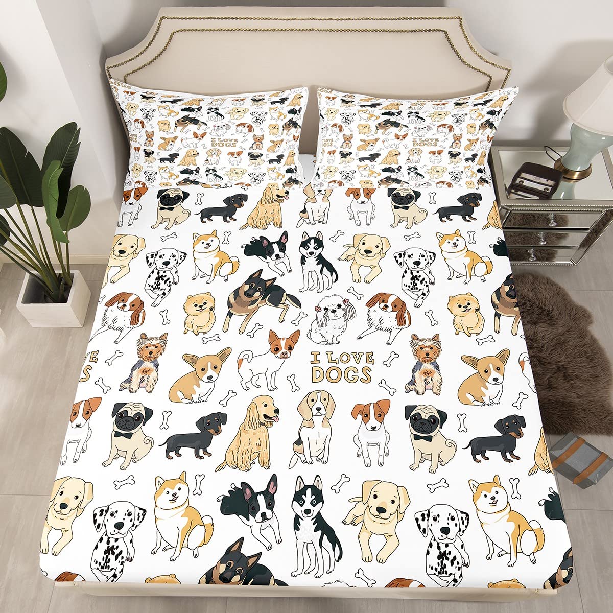 Dog Fitted Sheet I Love Dogs Bedding Sets Pug Corgi Shiba Puppy Fitted Bed Sheets For Kids Boys Girls Kawaii Animals Cartoon (No Top Sheet) (1 Fitted Shhet and 1 Pillow Case) Bedroom Decor Twin Size