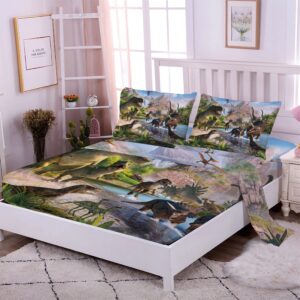 NiuOne 4Pcs Dinosaurs Bed Sheets Set Full for Boys 3D Realistic Dinosaur Green Fitted Sheets Set Ancient Dinosaur Theme Kids/Adults/Teens Bedroom Bedding Sheet Set,Full Size