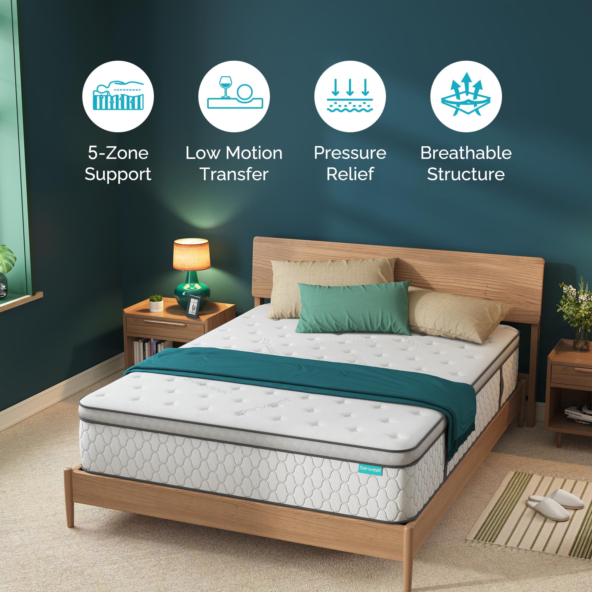 Serweet 10 Inch Memory Foam Hybrid Queen Mattress - 5-Zone Pocket Innersprings Motion Isolation - Heavier Coils for Durable Support -Pressure Relieving - Medium Firm - Made in Century-Old Factory