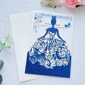 KUCHYNEE 5.12 x7.28 inch 20PCS Royal Blue Glitter Quinceanera Invitations Kit Laser Cut Hollow Girl Princess Pocket with Envelopes Quinceanera Invitations for Quinceanera Bridal Shower Invite