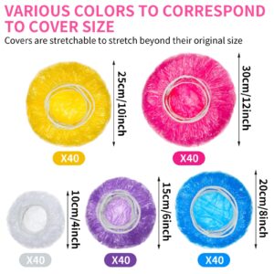 200 Pcs 5 Size Plastic Bowl Covers with Elastic Bulk Reusable Bowl Covers Disposable Food Covers Storage Cover Plastic Wrap for Leftovers Family Outdoor Picnic (White, Purple, Blue, Yellow, Pink)