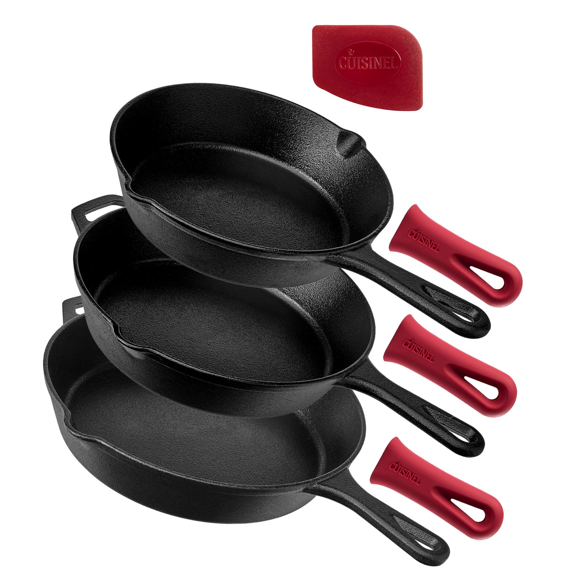 Cuisinel Cast Iron Skillet Set - 8" + 10" + 12"-Inch Pre-Seasoned Frying Pans + Silicone Handle Grip Covers - Use Indoor/Outdoor, Oven, Grill, Stove, BBQ, Fire, Induction - Kitchen/Camping Cookware