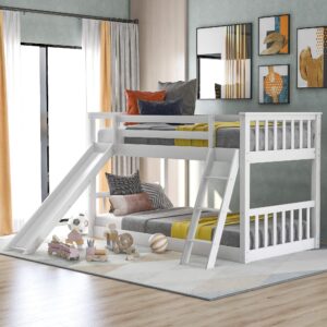 harper & bright designs low bunk beds with slide, solid wood twin over twin bunk beds frame with ladder, safety guardrail, twin size floor bunk bed for kids, teens, white