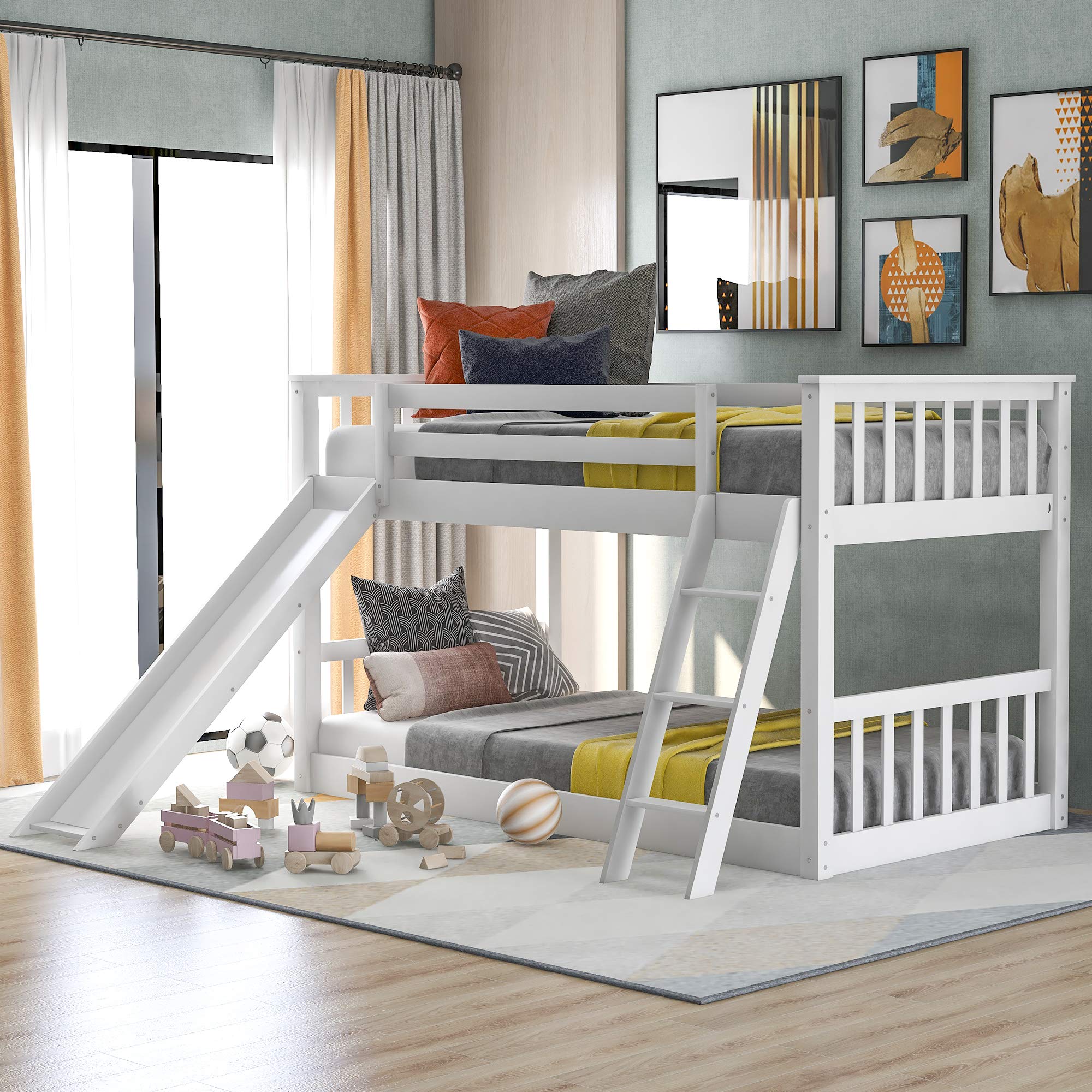 Harper & Bright Designs Low Bunk Beds with Slide, Solid Wood Twin Over Twin Bunk Beds Frame with Ladder, Safety Guardrail, Twin Size Floor Bunk Bed for Kids, Teens, White