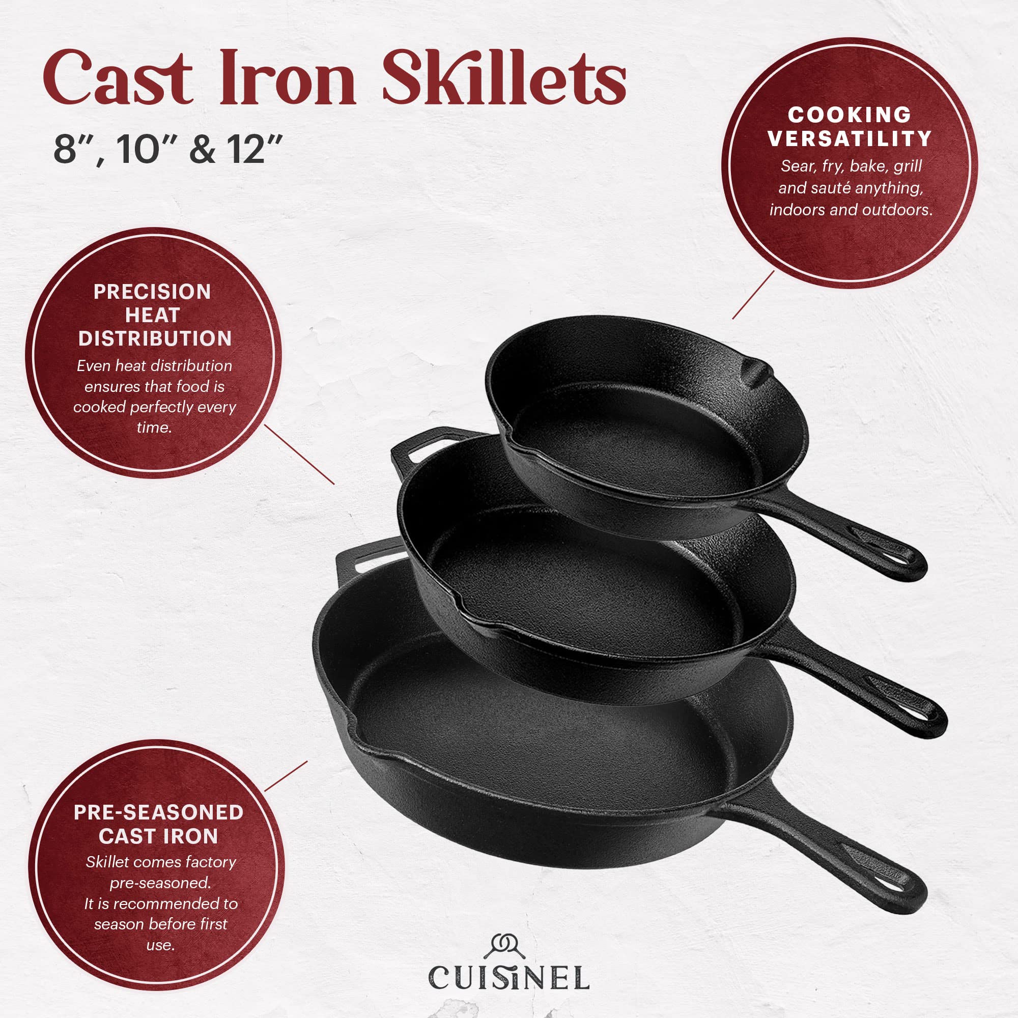 Cuisinel Cast Iron Skillet Set - 8" + 10" + 12"-Inch Pre-Seasoned Frying Pans + Silicone Handle Grip Covers - Use Indoor/Outdoor, Oven, Grill, Stove, BBQ, Fire, Induction - Kitchen/Camping Cookware