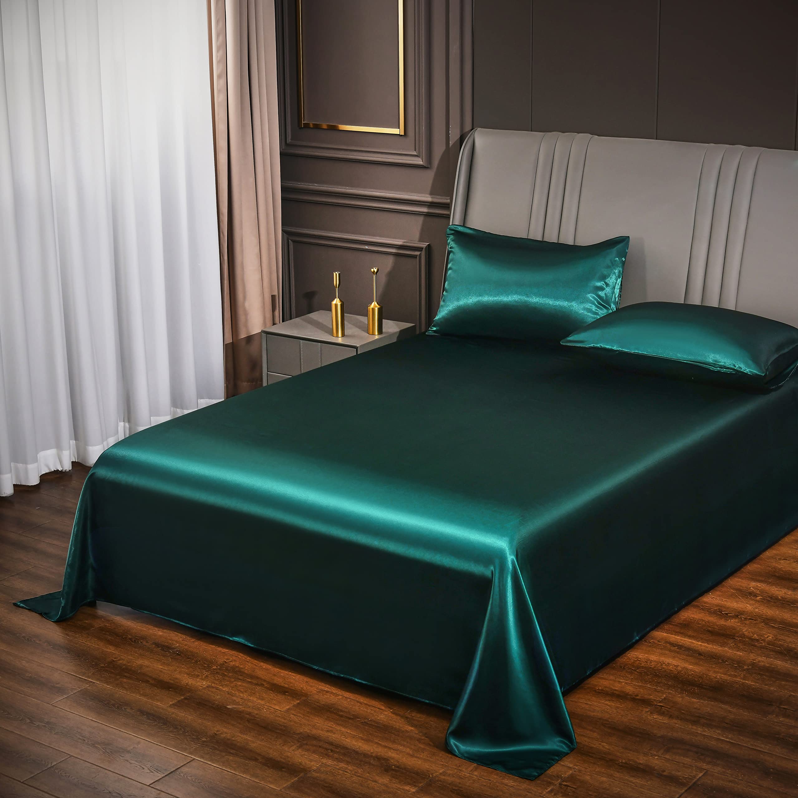 Ydtwnyq 3 PCS Dark Green Satin Silky Duvet Cover Queen Size Luxury Silky Duvet Cover Sets Super Soft Bedding Set Solid Color 90"x90" Duvet Cover,2 Pillowcases(Queen,Dark Green)