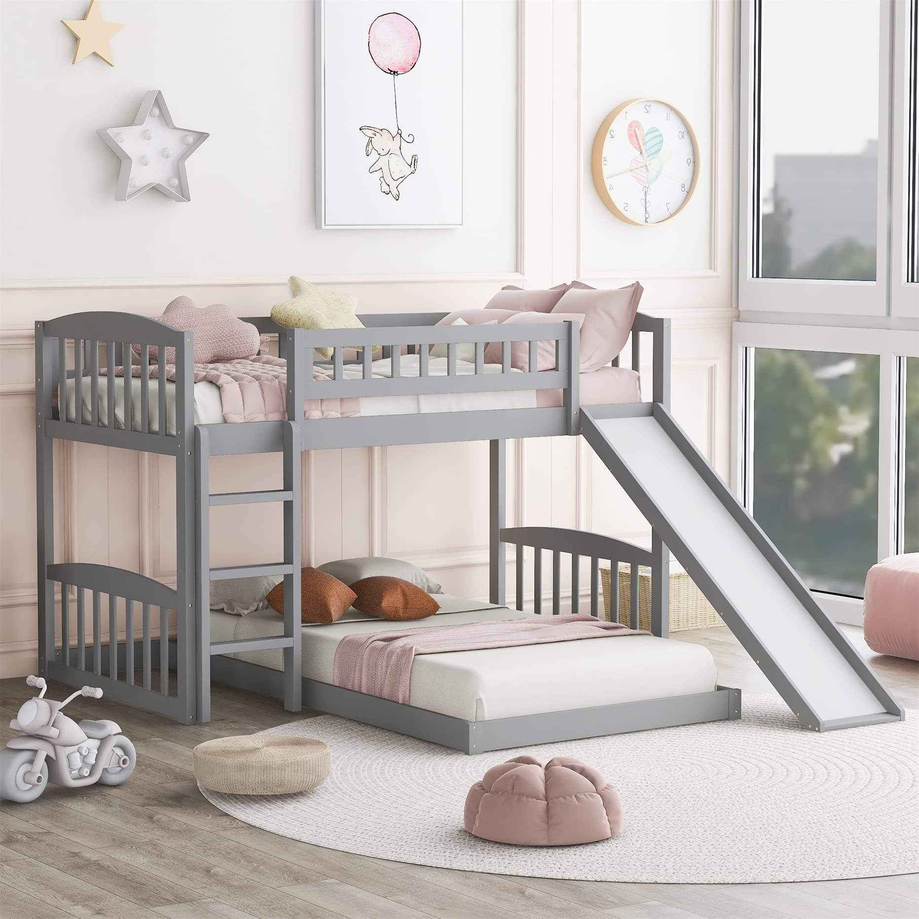 Harper & Bright Designs Low Bunk Bed Twin Over Twin, Wood Floor Bunk Bed with Slide and Ladder, L-Shape Bunk Bed for Kids Toddlers Teens Boys & Girls (Gray)