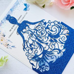 KUCHYNEE 5.12 x7.28 inch 20PCS Royal Blue Glitter Quinceanera Invitations Kit Laser Cut Hollow Girl Princess Pocket with Envelopes Quinceanera Invitations for Quinceanera Bridal Shower Invite