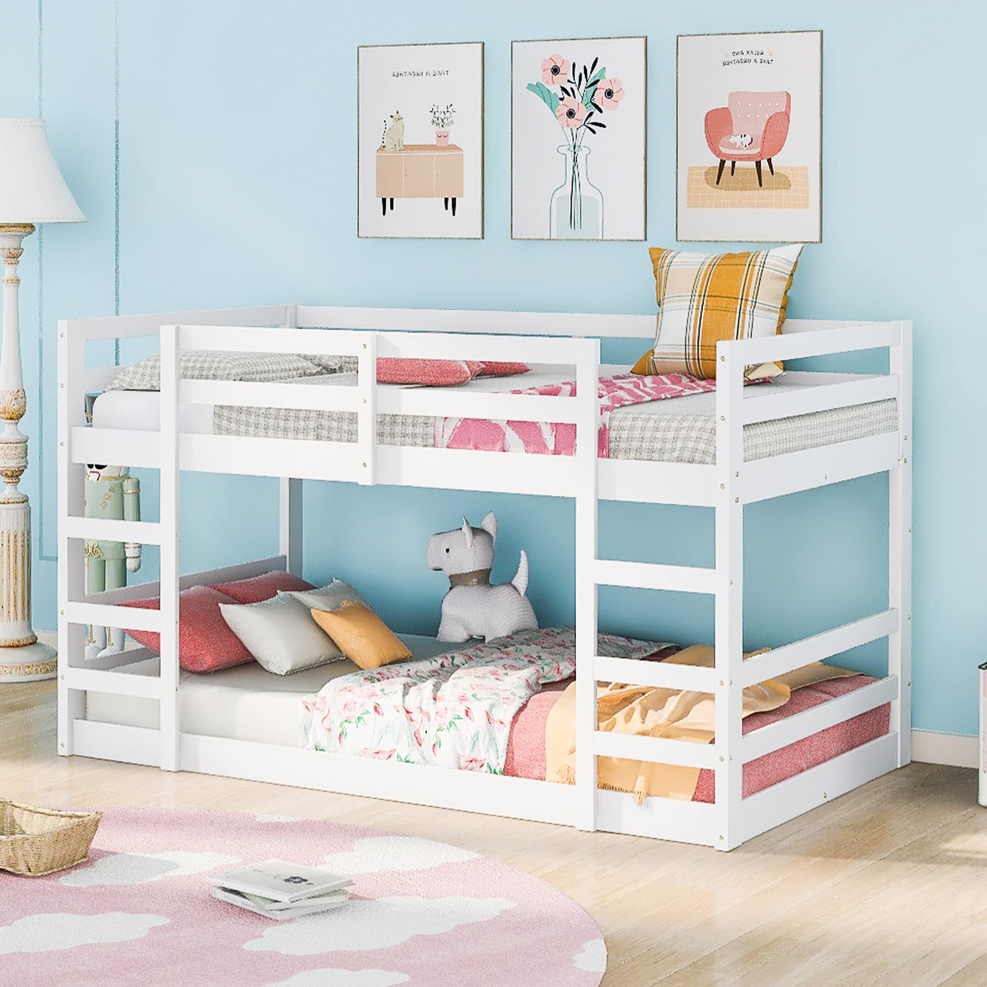 Harper & Bright Designs Kids Low Bunk Bed, Wood Twin Over Twin Floor Bunk Bed Frame with Ladder, Safety Guardrail, Twin Size Floor Bunk Bed, No Box Spring Needed, White