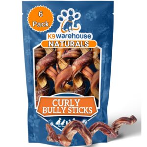 k9warehouse® - curly bully sticks for dogs - 5 to 8 inch, 6 pack - high protein, odor free springs, natural pizzle spiral dog chews - perfect treats for small, medium, large dogs - rawhide alternative