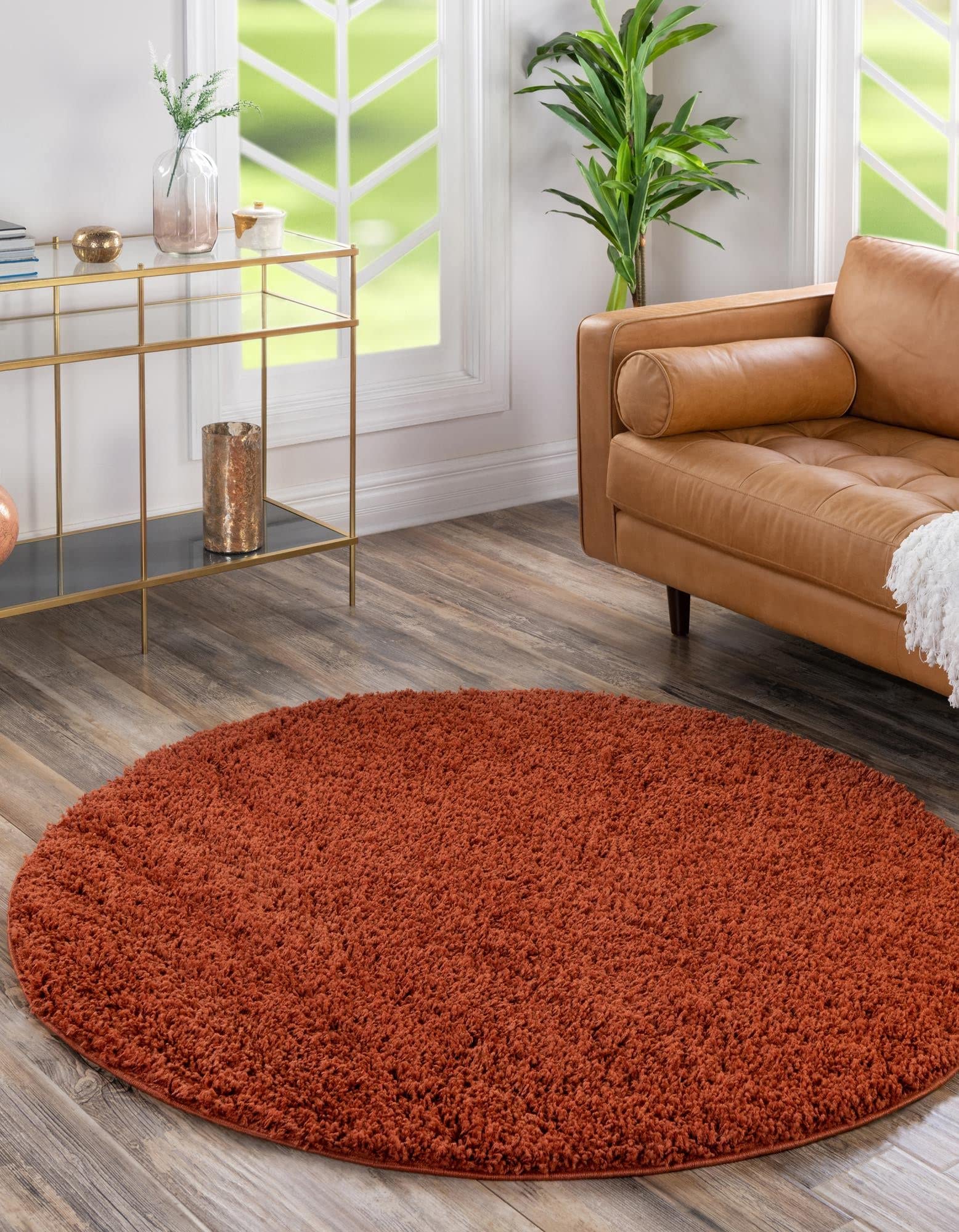 Rugs.com - Über Cozy Solid Shag Collection Rug – 3 Ft Round Terracotta Shag Rug Perfect for Kitchens, Dining Rooms