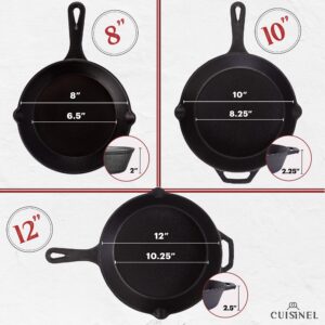 Cuisinel Cast Iron Skillet Set - 8" + 10" + 12"-Inch Pre-Seasoned Frying Pans + Silicone Handle Grip Covers - Use Indoor/Outdoor, Oven, Grill, Stove, BBQ, Fire, Induction - Kitchen/Camping Cookware