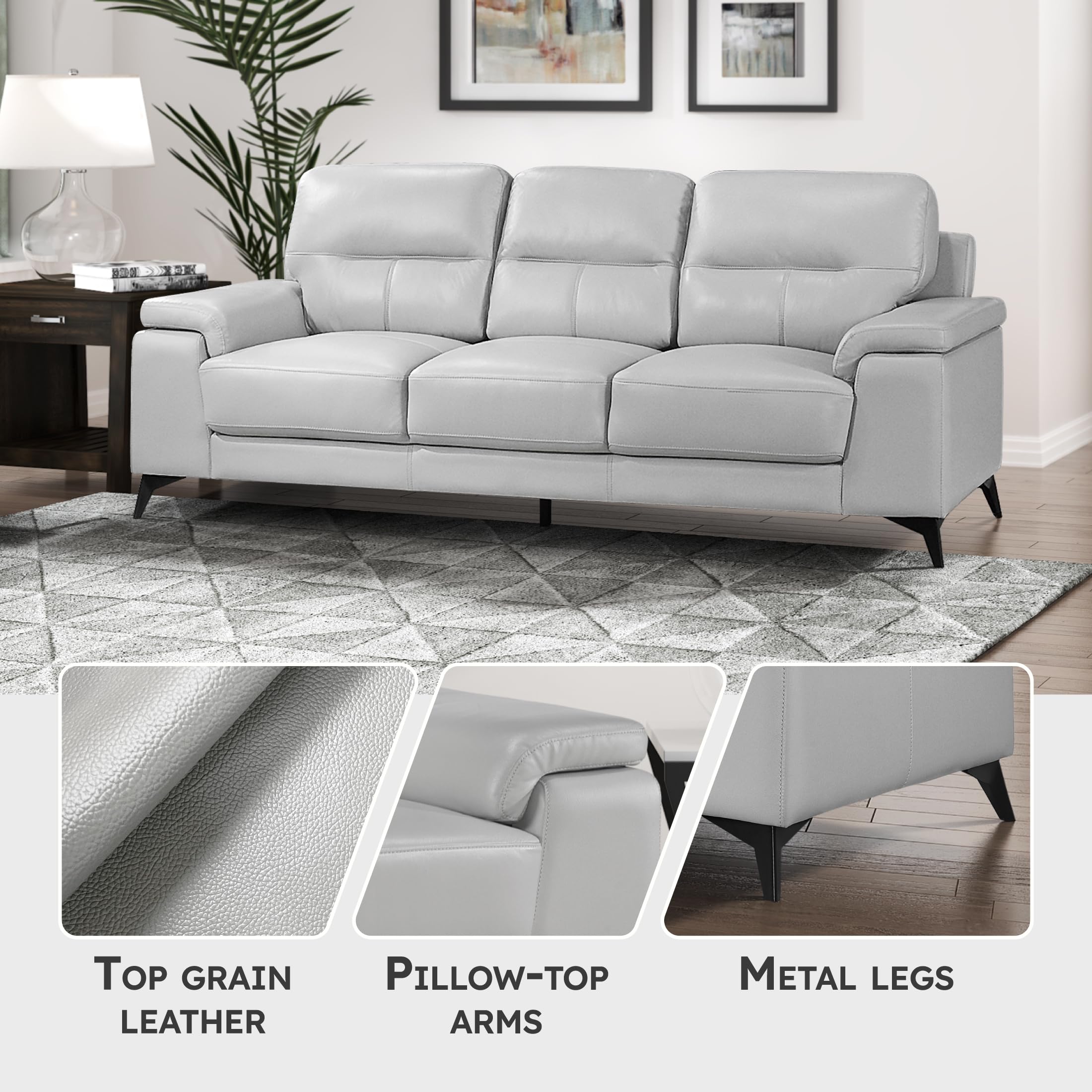 Lexicon Leather Couch, Modern Couch Sofa, Top Grain Leather Sofa, Oversized Sofa for Living Room, Bedroom, Office, Apartment, 3-Seater Couches, Silver Gray