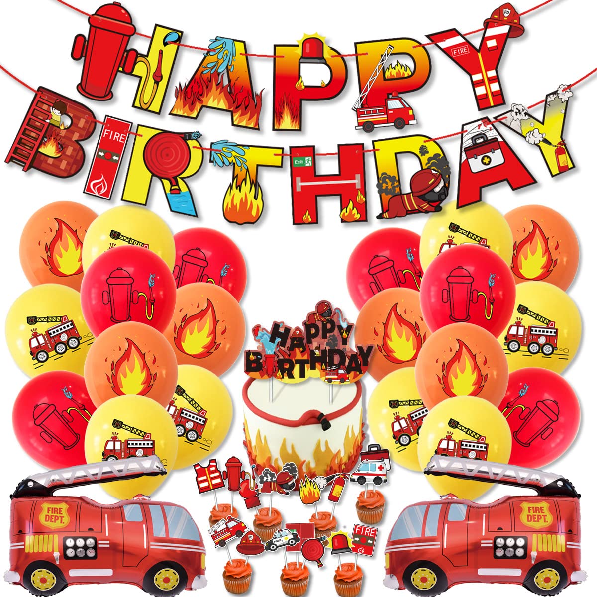 Firefighter Birthday Party Supplies Fire truck Party Decorations Fire Truck Balloon Fire Banner Firetruck Cupcake Toppers with Ribbons and Some Adhesive Silicone Points