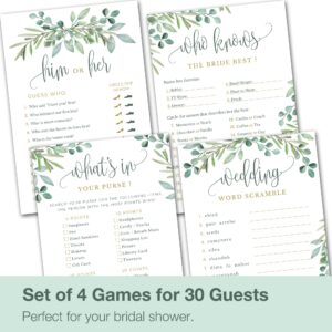 Papery Pop Bridal Shower Games - Set of 4 Games for 30 Guests - Double Sided Cards - Wedding Shower Games - Eucalyptus