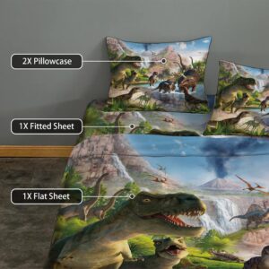 NiuOne 4Pcs Dinosaurs Bed Sheets Set Full for Boys 3D Realistic Dinosaur Green Fitted Sheets Set Ancient Dinosaur Theme Kids/Adults/Teens Bedroom Bedding Sheet Set,Full Size