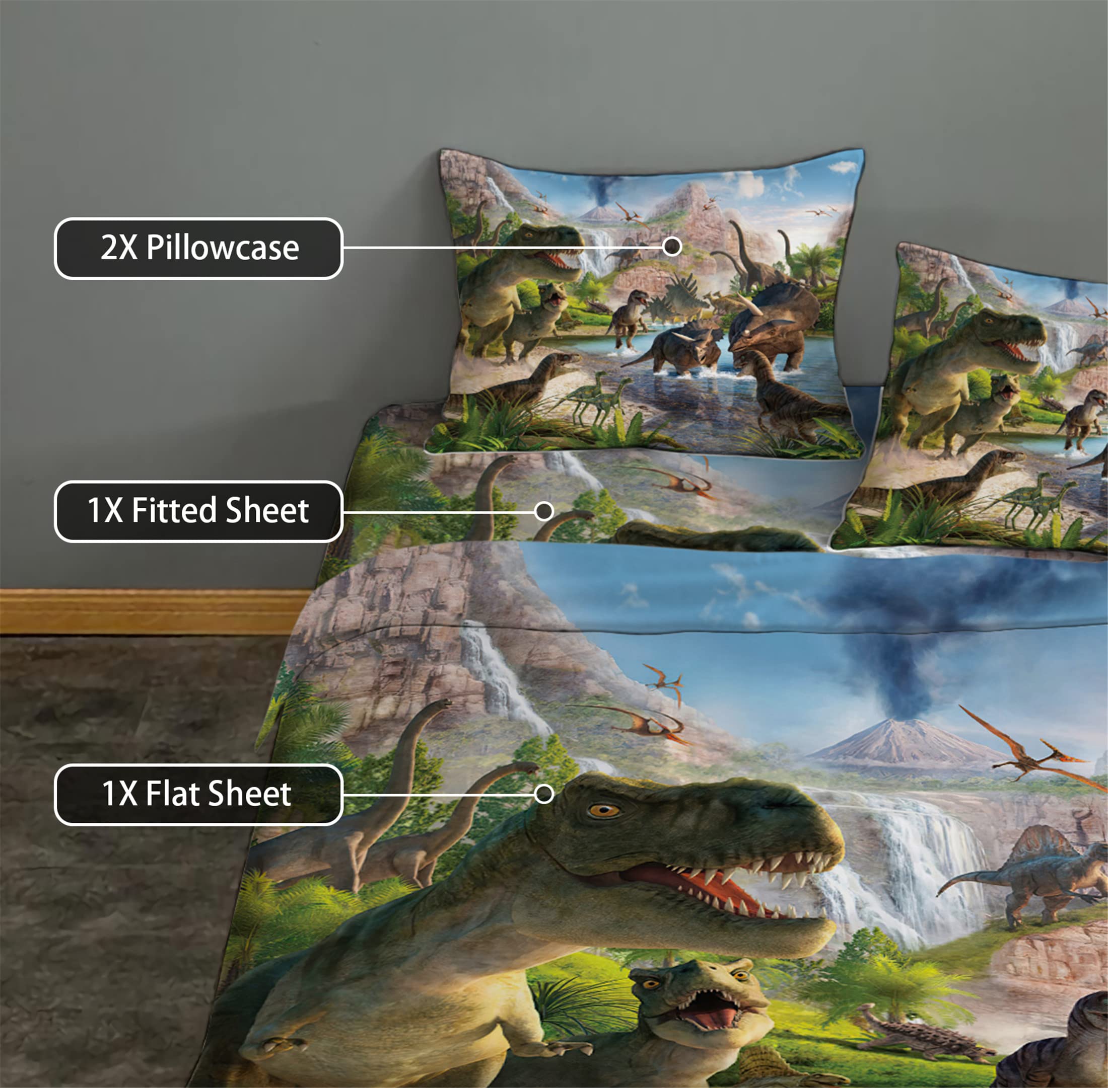 NiuOne 4Pcs Dinosaurs Bed Sheets Set Full for Boys 3D Realistic Dinosaur Green Fitted Sheets Set Ancient Dinosaur Theme Kids/Adults/Teens Bedroom Bedding Sheet Set,Full Size