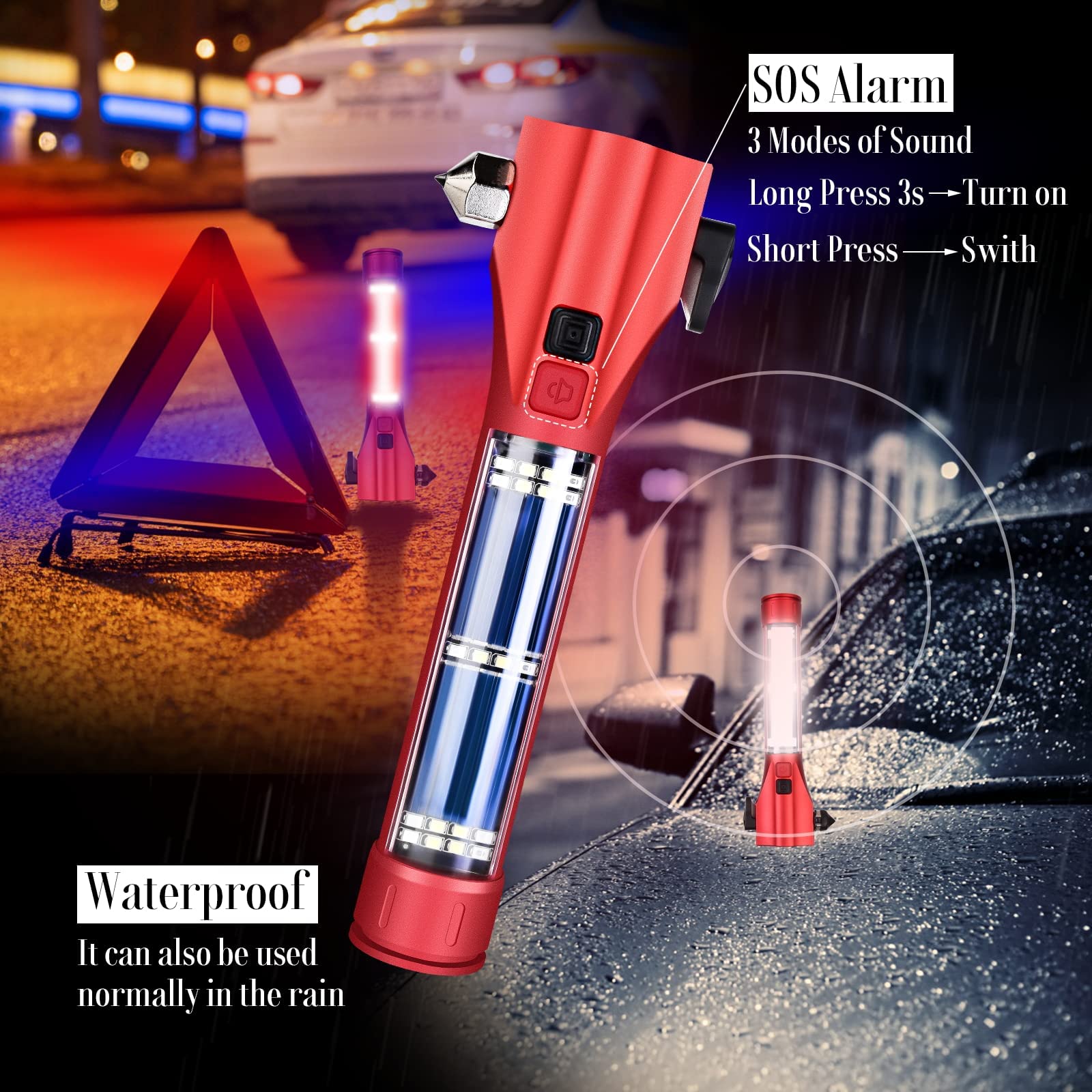 Unicumoo Car Flashlights for Emergencies, Window Breaker Seatbelt Cutter Multifunction Solar Flashlights, Waterproof LED Flashlight Rechargeable Solar Powered Emergency Flashlight for Outdoor