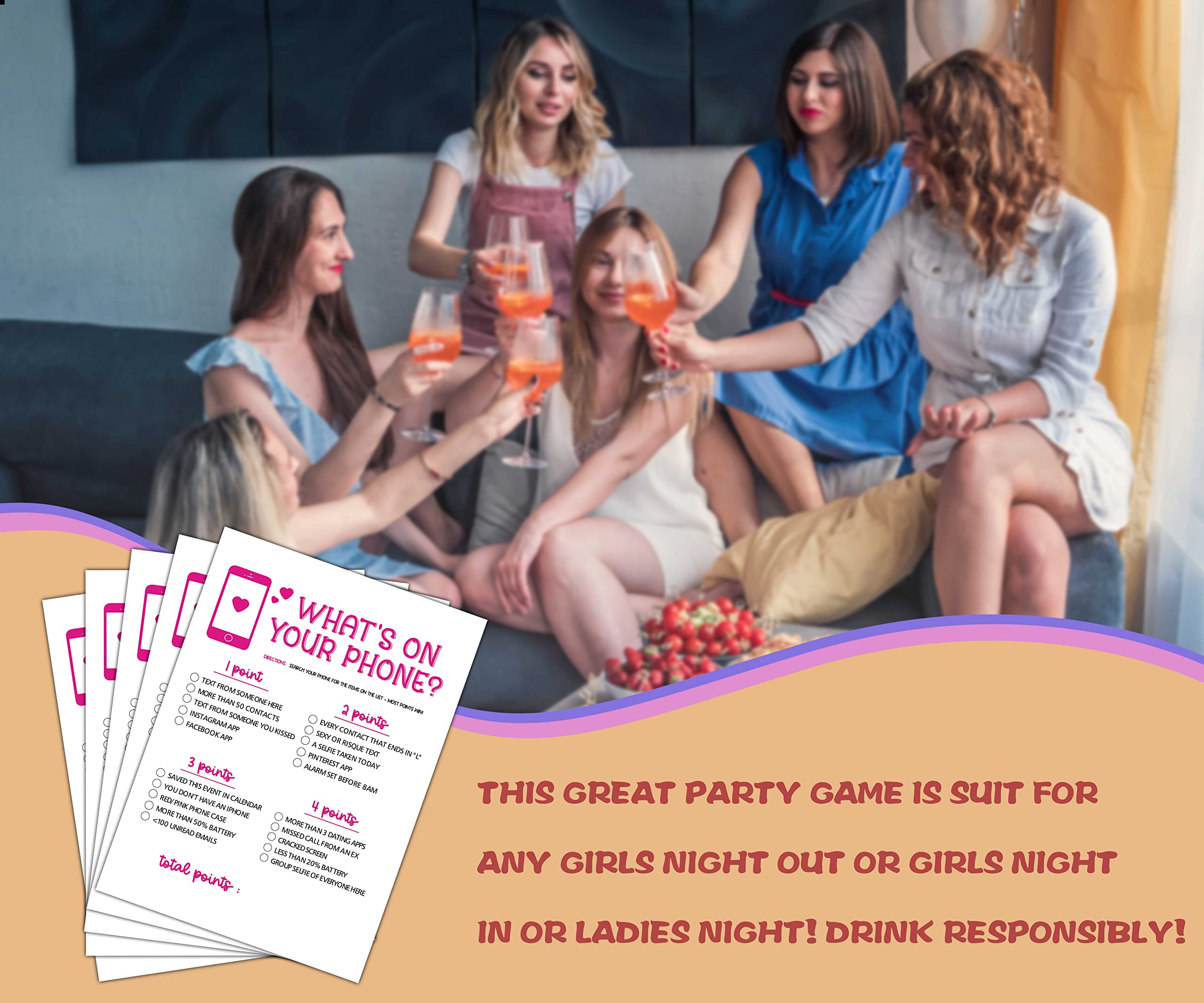 Girls Night Party Game - Ladies Night Party Games - What's On Your Phone Game Pack - Fun Girls Night In/Girls Night On - Bridal Shower or Bachelorette Party Game - Games for Adults - 30 Game Cards