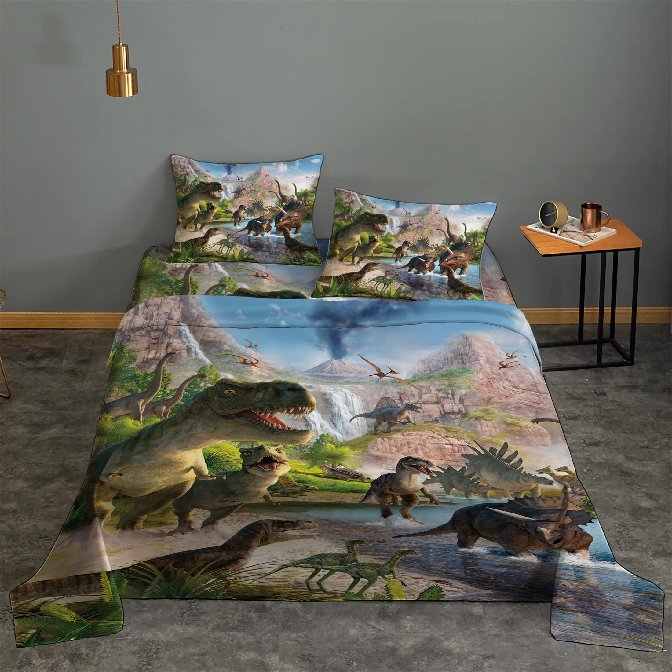 NiuOne 4Pcs Dinosaurs Bed Sheets Set Full for Boys 3D Realistic Dinosaur Green Fitted Sheets Set Ancient Dinosaur Theme Kids/Adults/Teens Bedroom Bedding Sheet Set,Full Size