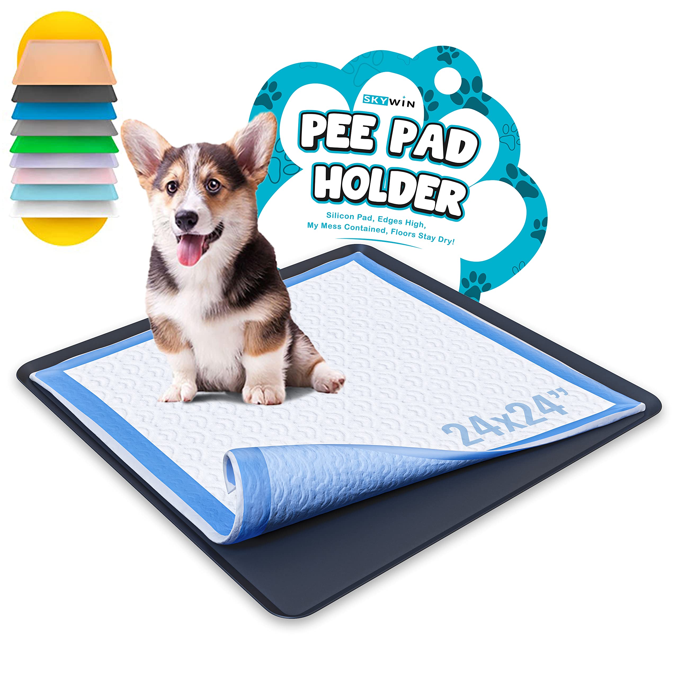 Skywin Dog Puppy Pad Holder Tray for 24 x 24 Inches Training Pads - Silicone Wee Wee Pad Holder, No Spill Pee Pad Holder for Dogs, Easy to Clean and Store (Black)