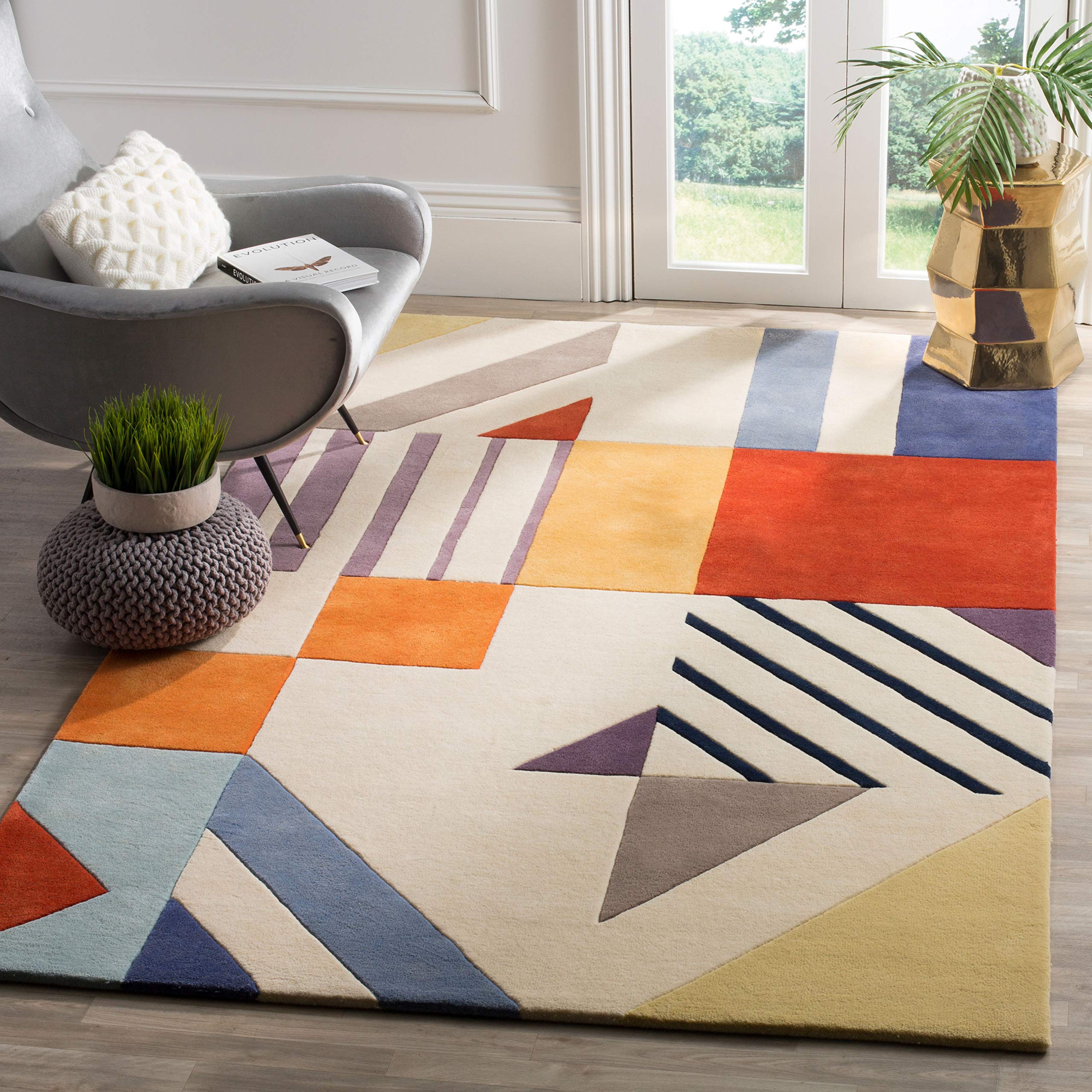 SAFAVIEH Fifth Avenue Collection 11' x 15' Ivory/Multi FTV120A Handmade Mid-Century Modern Abstract Premium New Zealand Wool Living Room Dining Bedroom Area Rug