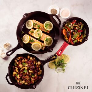 Cuisinel Cast Iron Skillet Set - 8" + 10" + 12"-Inch Pre-Seasoned Frying Pans + Silicone Handle Grip Covers - Use Indoor/Outdoor, Oven, Grill, Stove, BBQ, Fire, Induction - Kitchen/Camping Cookware