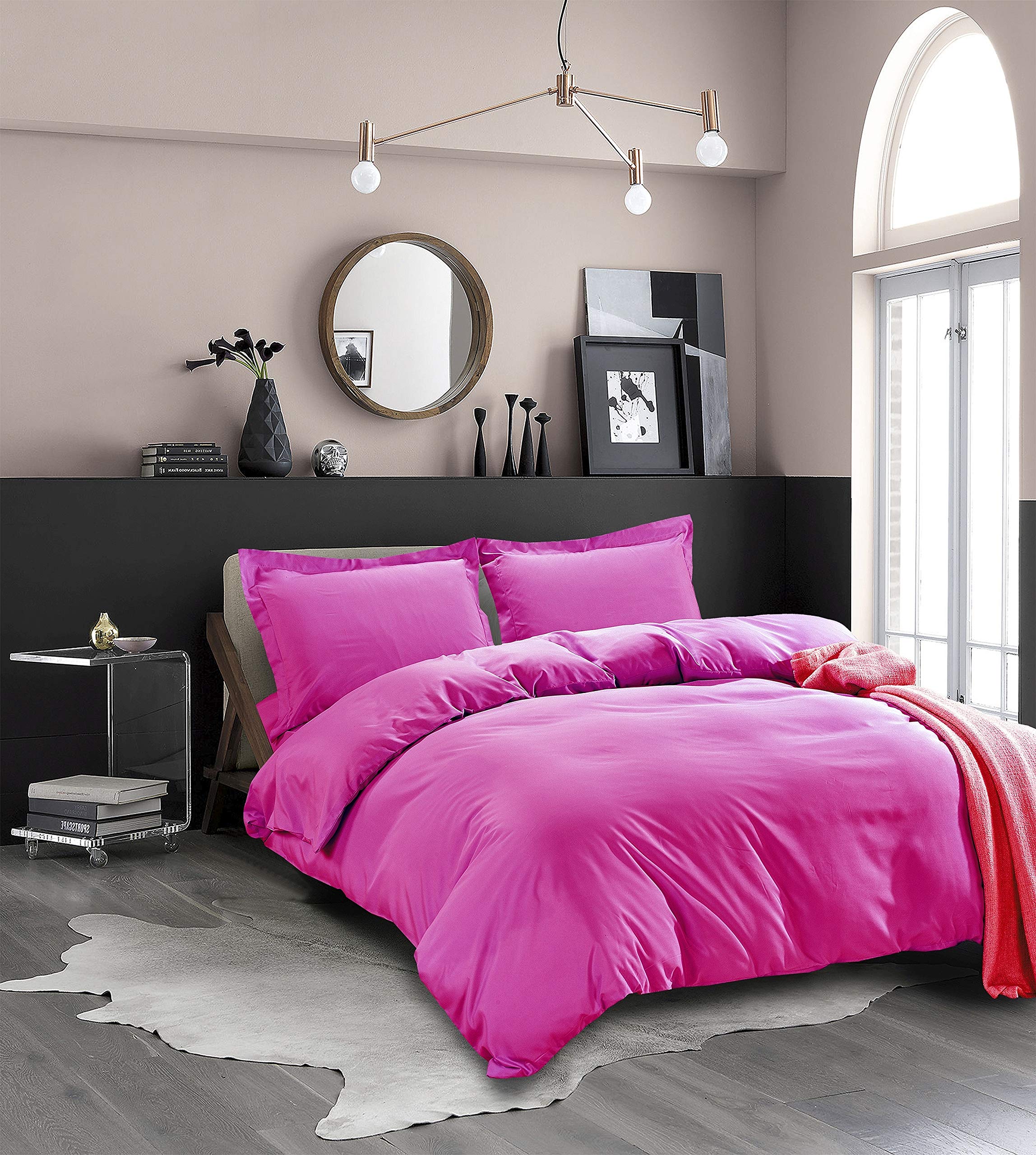 La Calypso Bedding 100% Cotton 600 Thread Count Duvet Set, 1 Piece Duvet Cover with Zipper Closure & Corner Ties and 2 Pillowcase, Comforter Cover Set (King/California King Size, Hot Pink)