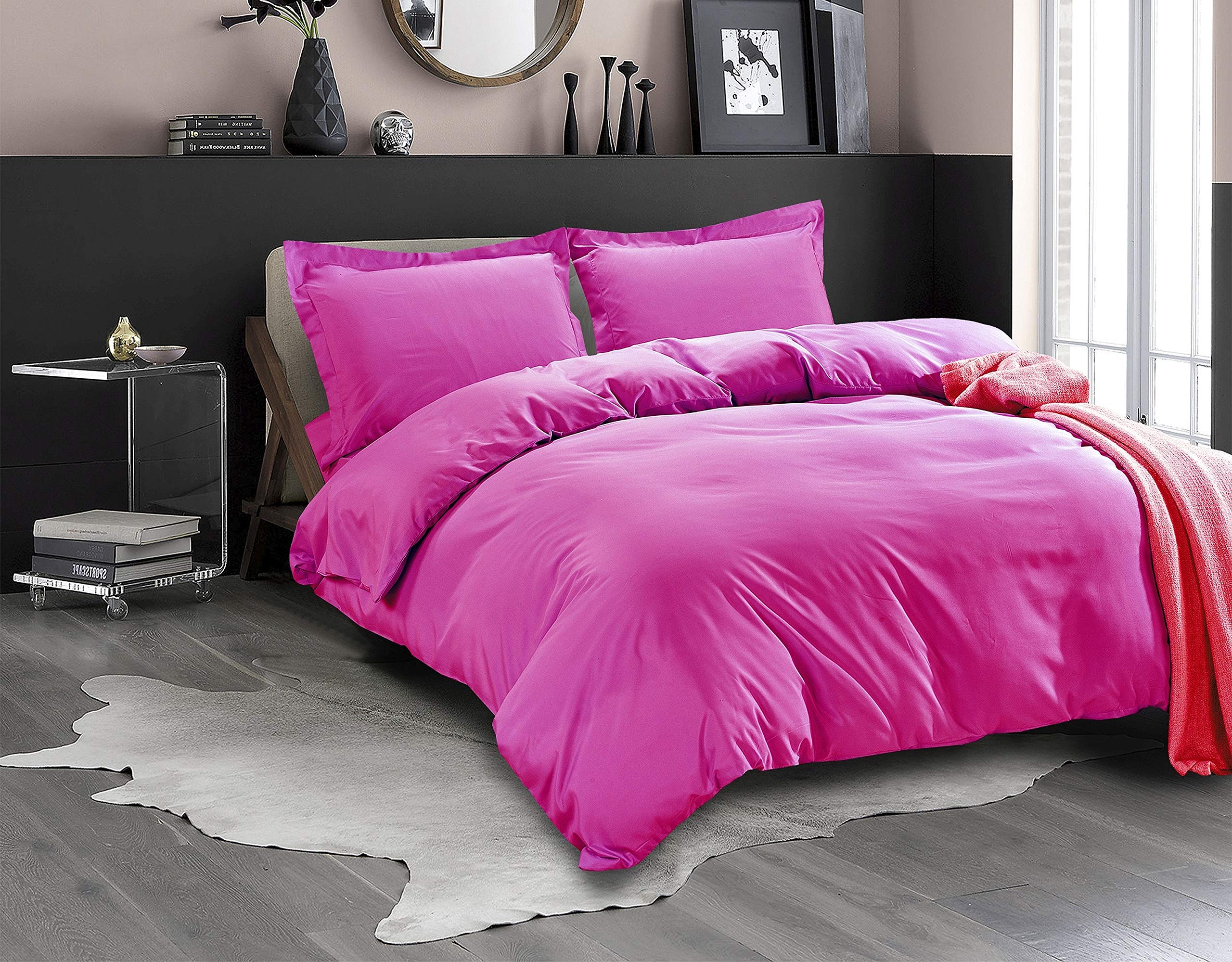 La Calypso Bedding 100% Cotton 600 Thread Count Duvet Set, 1 Piece Duvet Cover with Zipper Closure & Corner Ties and 2 Pillowcase, Comforter Cover Set (King/California King Size, Hot Pink)