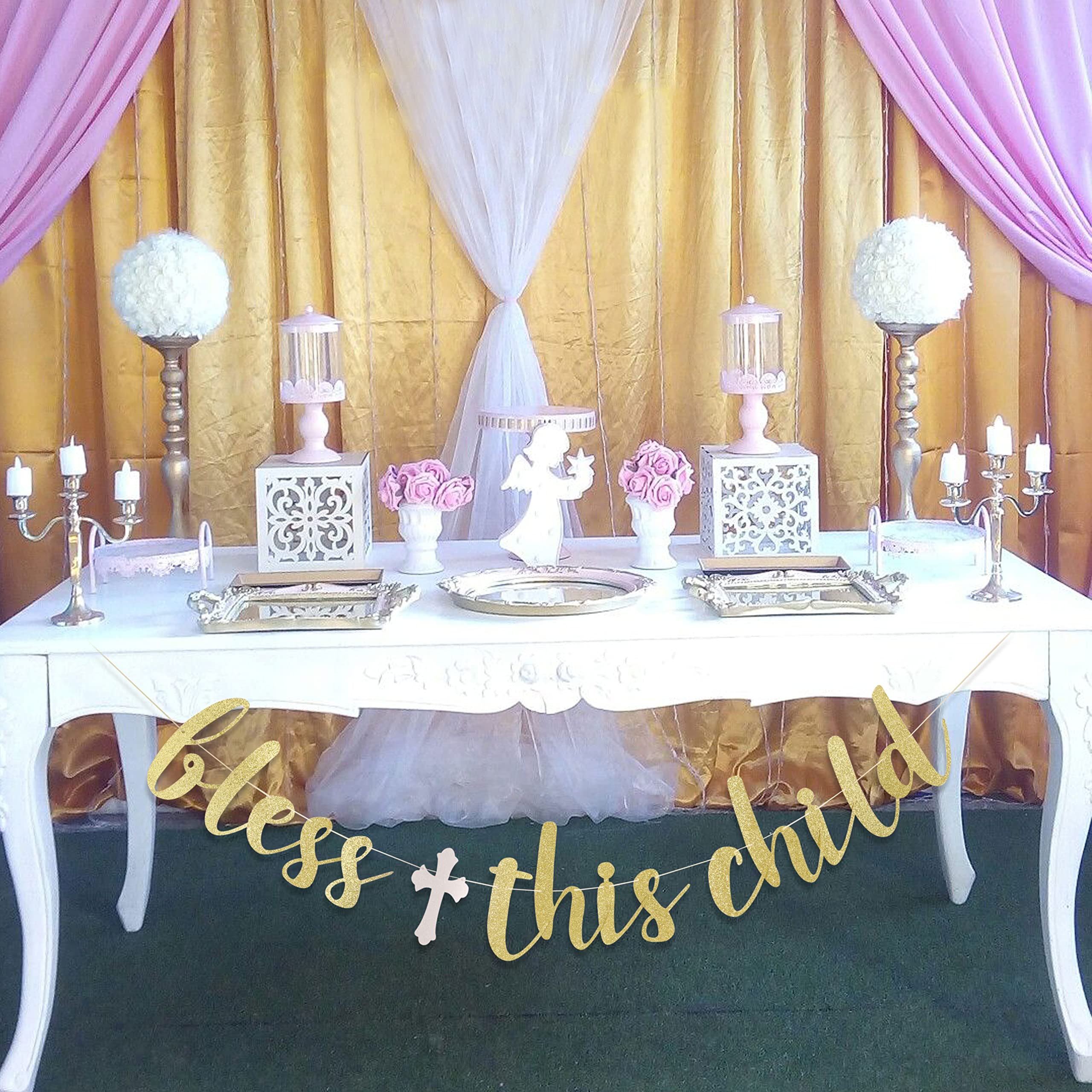 Bless This Child Banner - boy/girl Baptism Gold Banner, First Communion Baby Shower Banner, Party Toppers, Baby Baptism Shower, Baptism Banner