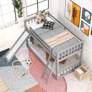 Harper & Bright Designs Low Bunk Bed for Kids, Solid Wood Twin Over Twin Floor Bunk Bed with Slide and Angle Ladders, Twin Bunk Bed for Kids Toddlers Teens (New, Gray)