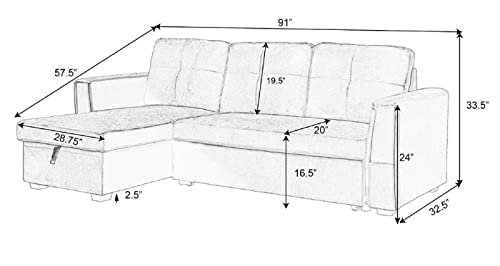 Legend Vansen 91''Velvet Sofa Chaise Storage Reversible L-Shape Sleeper Sectional,Sofabed,Seelper, Apt, Violet