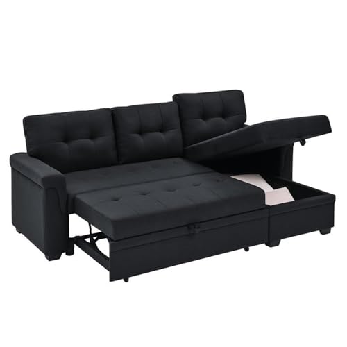 Oadeer Home 86" Reversible Sleeper Sofa with Chaise Storage Sectional, Black