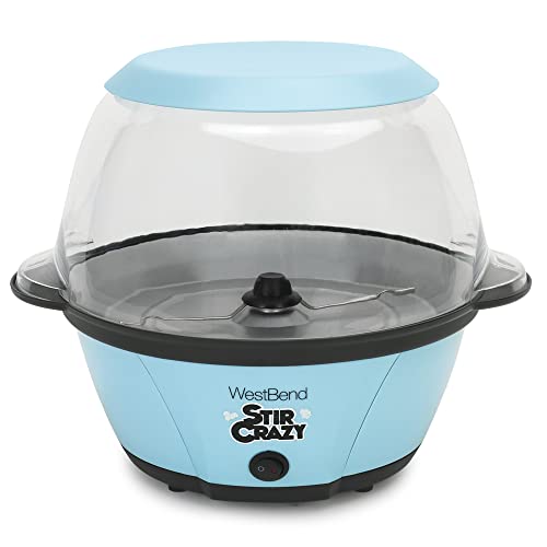 West Bend PC8270BL13 Stir Crazy Hot Oil Popcorn Popper, Popcorn Maker Machine with Large Serving Bowl Lid and Stirring Rod, 6 Qt, Blue