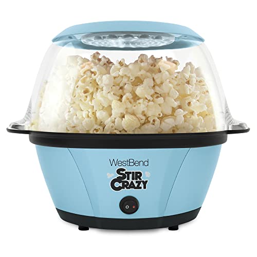 West Bend PC8270BL13 Stir Crazy Hot Oil Popcorn Popper, Popcorn Maker Machine with Large Serving Bowl Lid and Stirring Rod, 6 Qt, Blue