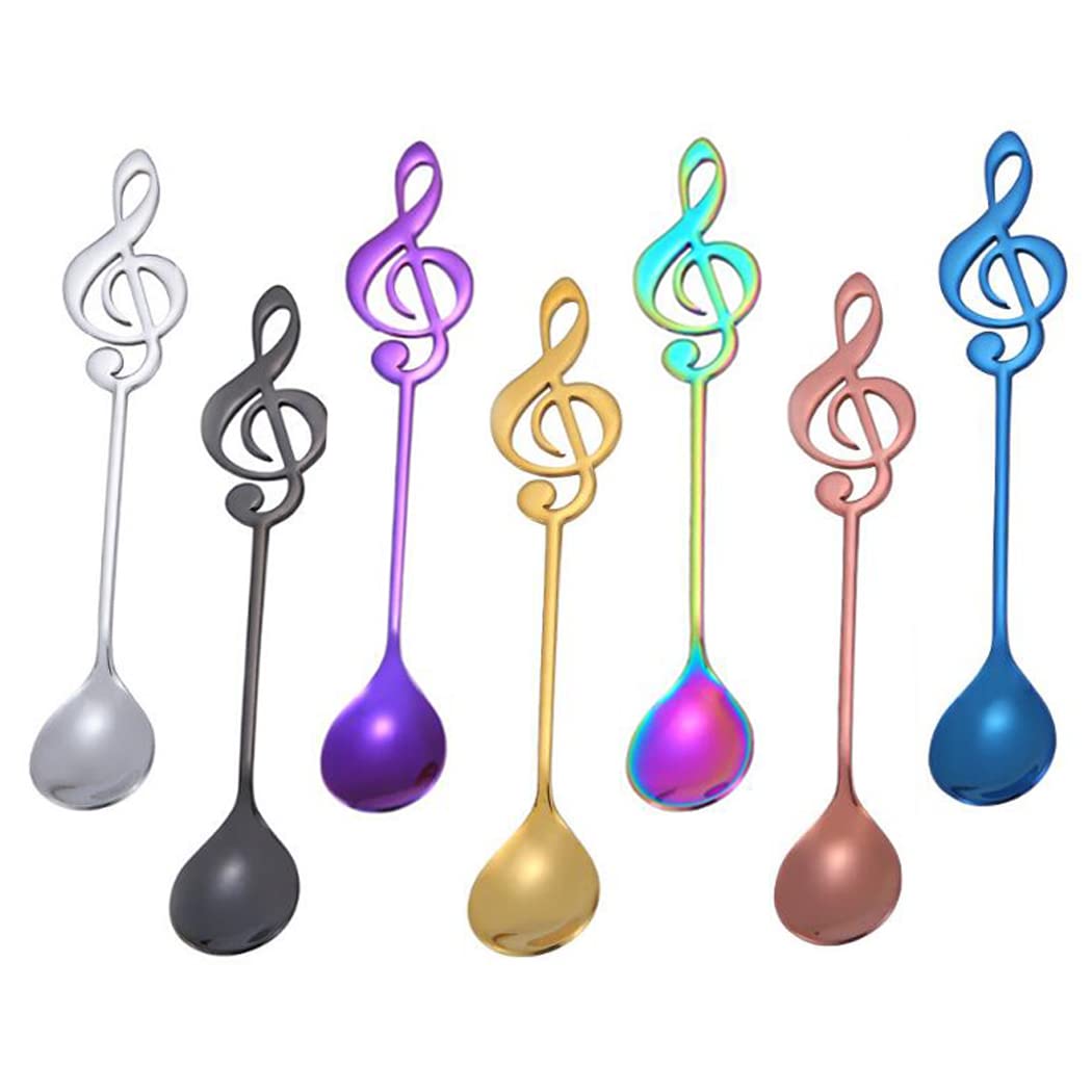 Hoshen 7-Piece Musical Note Coffee Spoon Set, 6-Inch Stainless Steel Ice Cream Tea Sugar Spoon, Espresso Stirring Spoon, Cold Drinks, Desserts, Party Stirring Tableware - 7 Colors