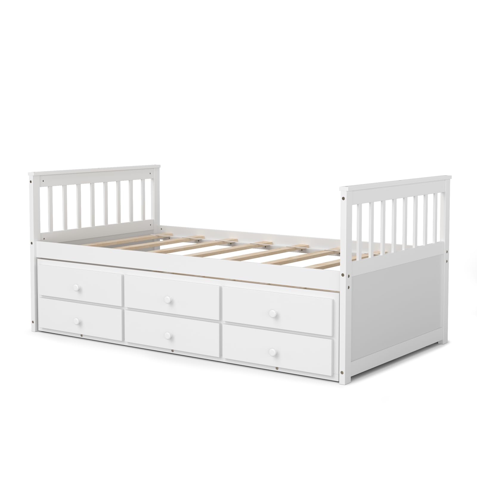 KOMFOTT Wood Twin Trundle Bed with Storage Drawers, Daybed with Trundle, No Box Spring Needed Daybed Frame, Twin Size Captain’s Bed