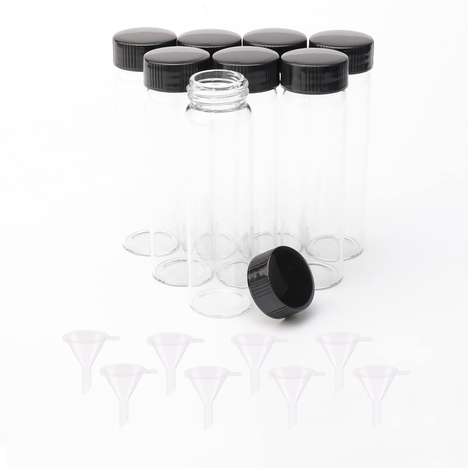 JIUWU 8Pcs Clear Glass Sample Bottles 40ml Small Collection Vials 1.35Oz Glass Storage Vials Bottles Tubes Jars with 8 Funnels