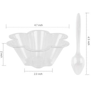 TOFLEN 8 oz Dessert Cups with Spoons, 50 Pack Clear Plastic Small Party Serving Bowls for Sundae, Parfait, Fruit, Strawberry Shortcake, Disposable Snack Bowls (Flower Shape)