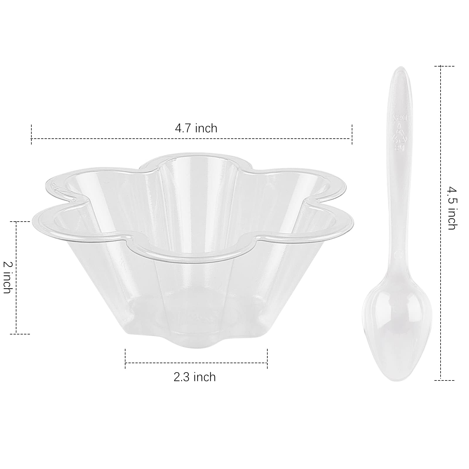 TOFLEN 8 oz Dessert Cups with Spoons, 50 Pack Clear Plastic Small Party Serving Bowls for Sundae, Parfait, Fruit, Strawberry Shortcake, Disposable Snack Bowls (Flower Shape)